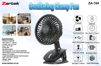 Zartek ZA-144 Solar USB Rechargeable Portable Oscillating Clamp Fan