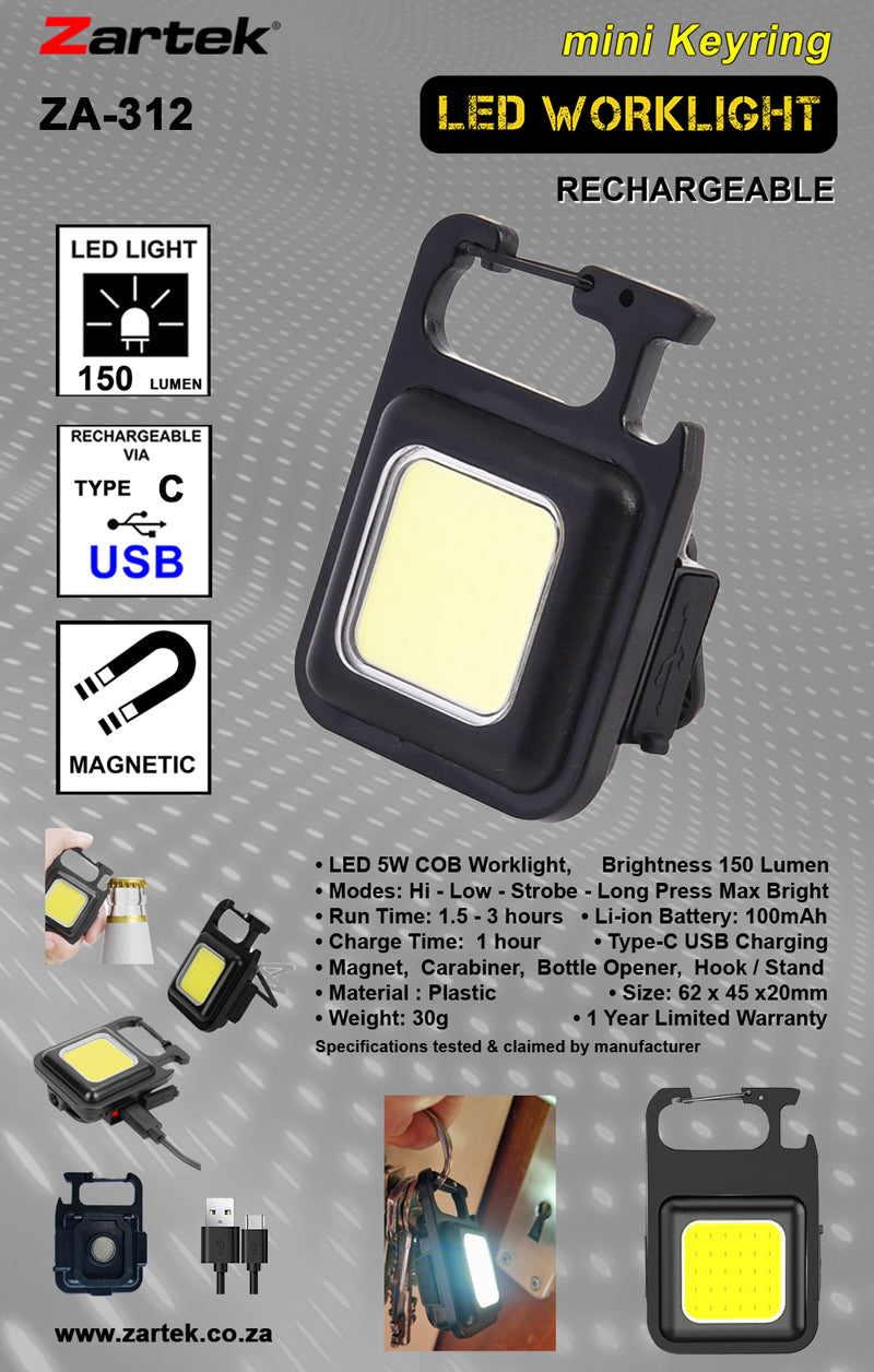 Zartek ZA-312 Rechargeable LED mini Aluminium Keyring Worklight 150 Lume