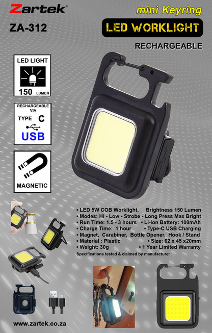 Zartek ZA-312 Rechargeable LED mini Aluminium Keyring Worklight 150 Lume