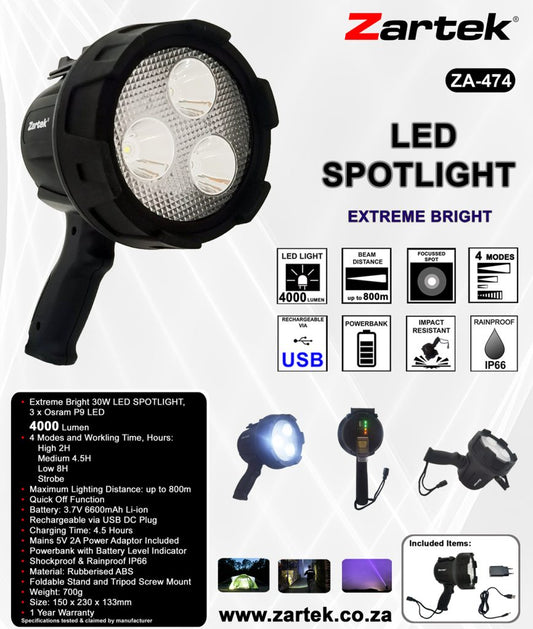Zartek ZA-474 Rechargeable LED Spotlight Extreme Bright 4000LM